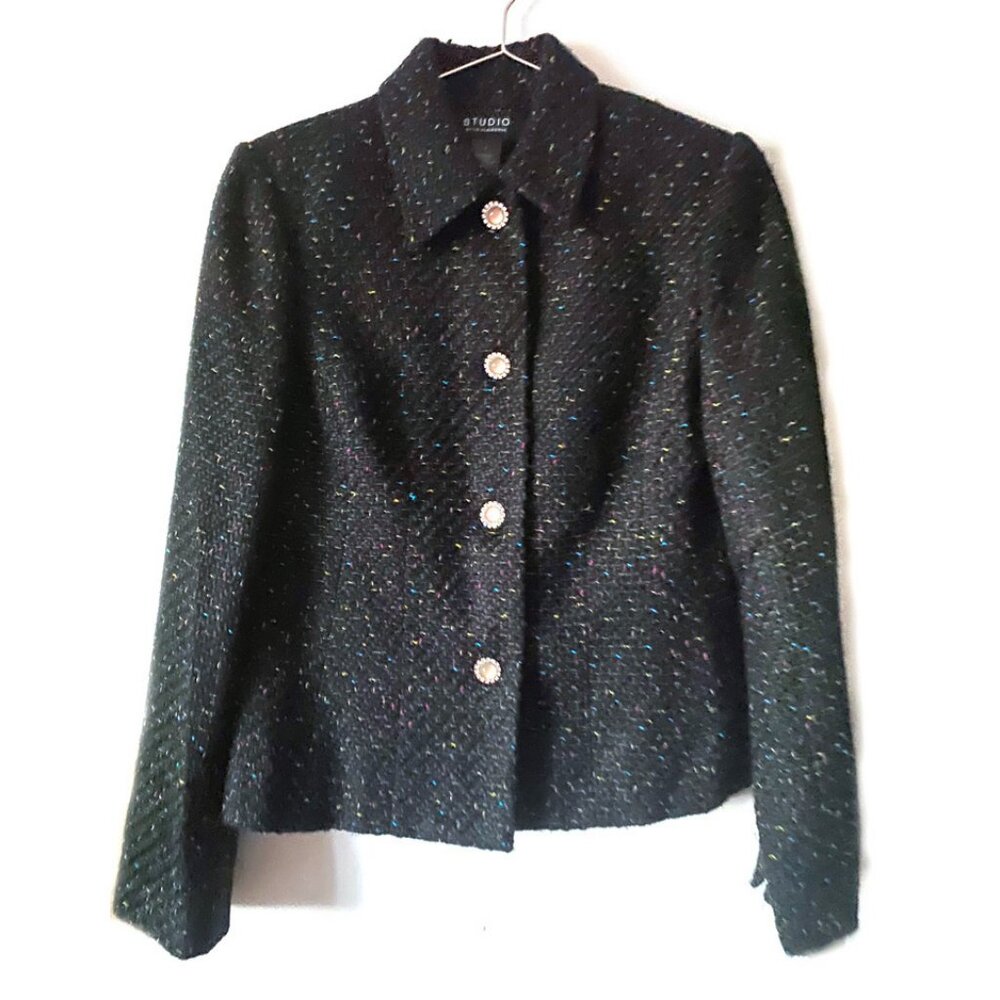 Studio by Liz Claiborne lined tweed collared Jacket black, 8, with DIY button